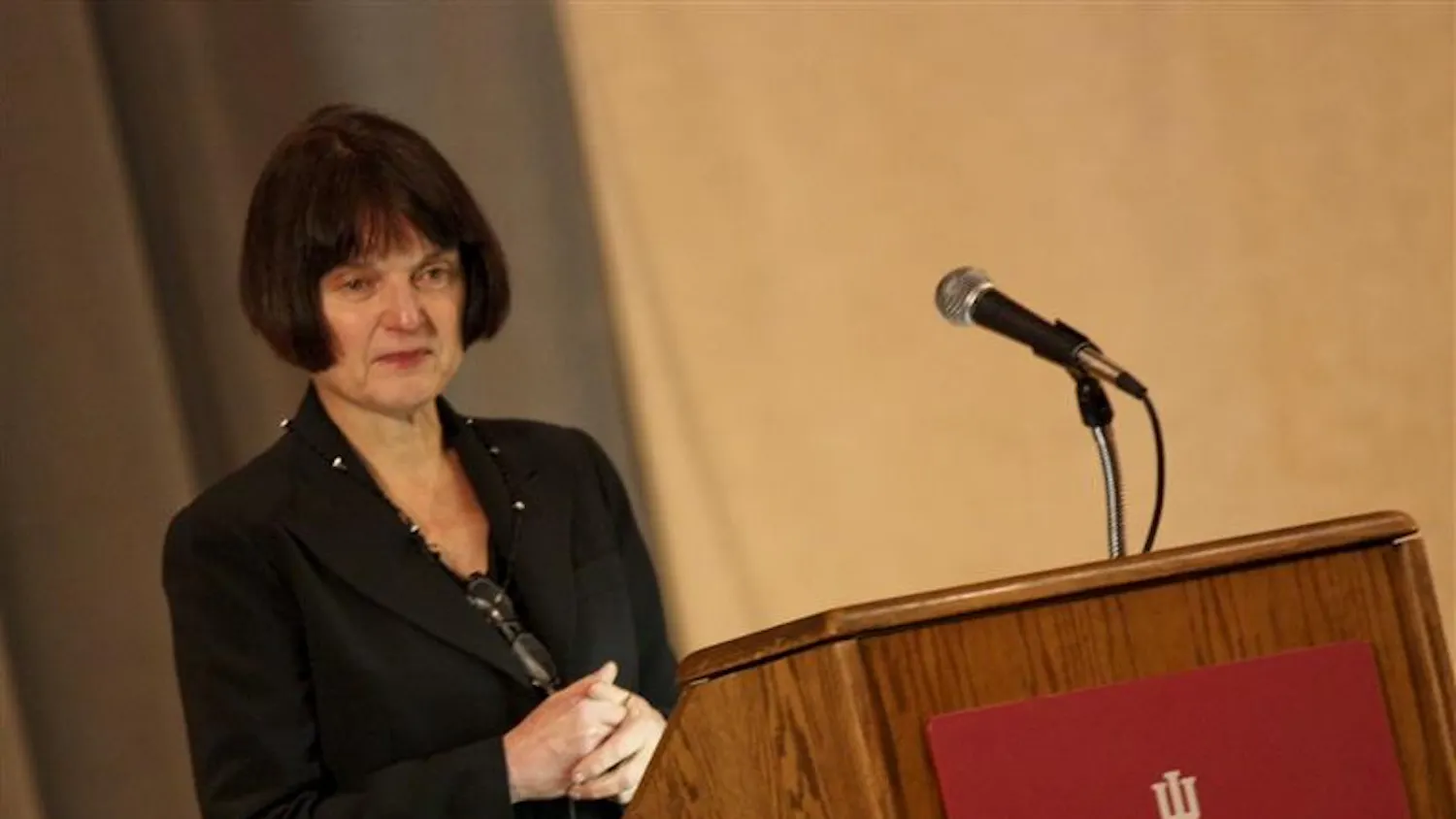 Sylvia Nasar speaks about her book "A Beautiful Mind" Tuesday evening in the Indiana Memorial Union Alumni Hall. Nasar shared anecdotes from the life of John Nash, the subject of her book who suffered from schizophrenia for three decades before winning a Nobel Prize in economics.