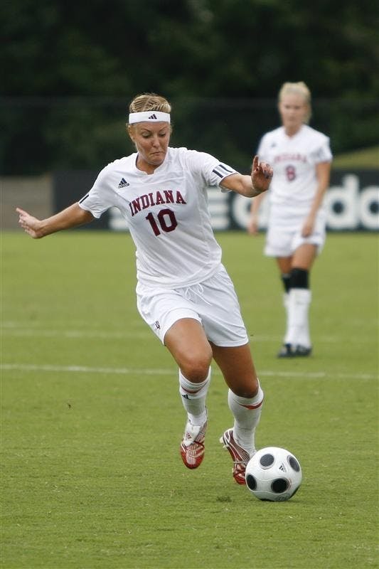 Junior defender Christie Kotynski moves the ball during the Hoosiers' 3-1 loss to Cal Poly Sept. 7 at Bill Armstrong Stadium.