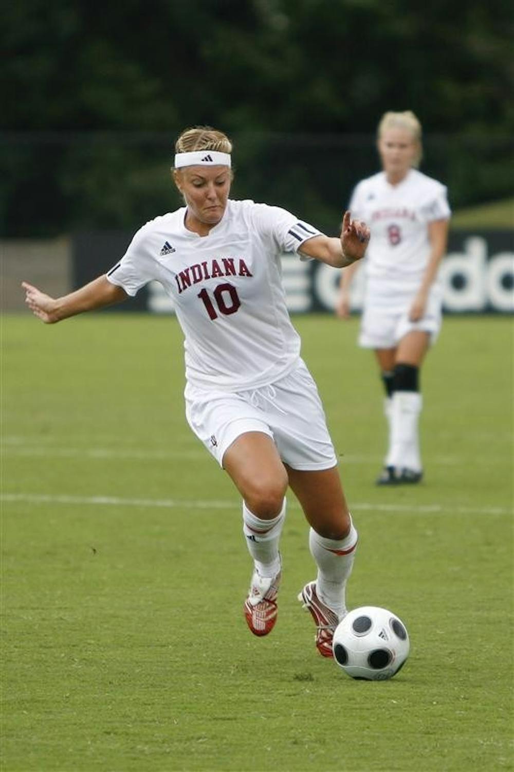 Junior defender Christie Kotynski moves the ball during the Hoosiers' 3-1 loss to Cal Poly Sept. 7 at Bill Armstrong Stadium.
