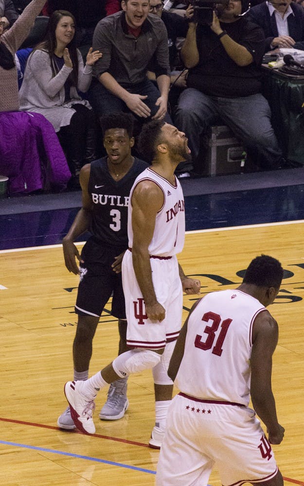 Junior guard James Blackmon Jr. celebrates a Hoosier run during Saturday afternoon's Cross Roads Classic loss to Butler at Bankers Life Fieldhouse.