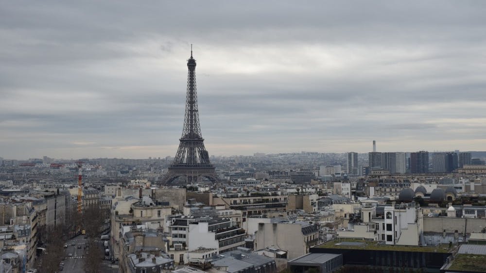 The Eiffel Tower in March is pictured from the top of the Arc de Triomphe in Paris.