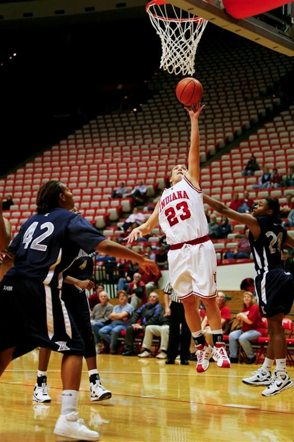Junior guard Jamie Braun shoots a layup during the Hoosiers 62-59 loss to Xavier in the second round of the Preseason WNIT on Sunday, Nov. 16 at Assembly Hall.