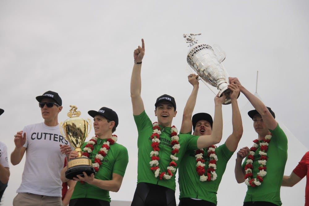 <p>Cutters celebrates after winning the 2018 men's Little 500 race. The Cutters team won its 13th Little 500 race Saturday, April 21, at Bill Armstrong Stadium.</p>