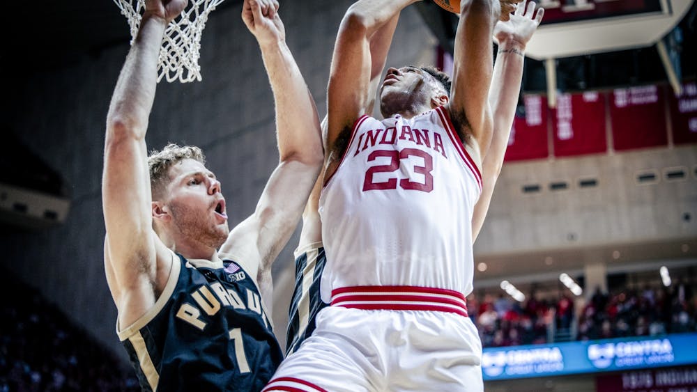 Senior forward Trayce Jackson-Davis attempts a layup Feb. 4, 2023, at Simon Skjodt Assembly Hall in Bloomington. The Hoosiers beat Purdue 79-74.