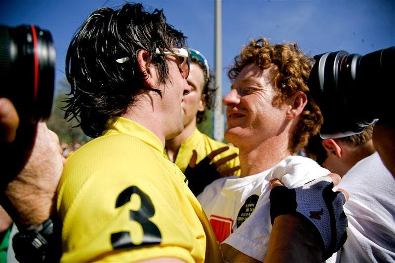 Sophomore Eric Young hugs Cutters coach Jim Kirkham after their third consecutive Little 500 victory. Young claimed the victory was for everyone who rode for Cutters and Delta Chi, for coach Jim Kirkham and for former Little 500 champion Doug Tate. Tate won Little 500 in 1979, 1980 and 1981 and passed away on April 15, 2009.