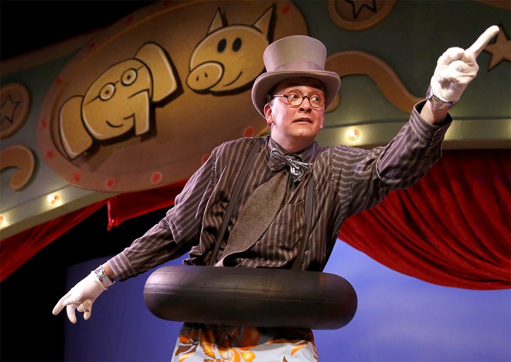 Reid Henderson practices his role as Elephant during a rehearsal of "Elephant and Piggie's "We Are In A Play"!" on Monday at Ivy Tech John Waldron Arts Center. The musical is based on Mo Wilems' "Elephant and Piggie" book series. 