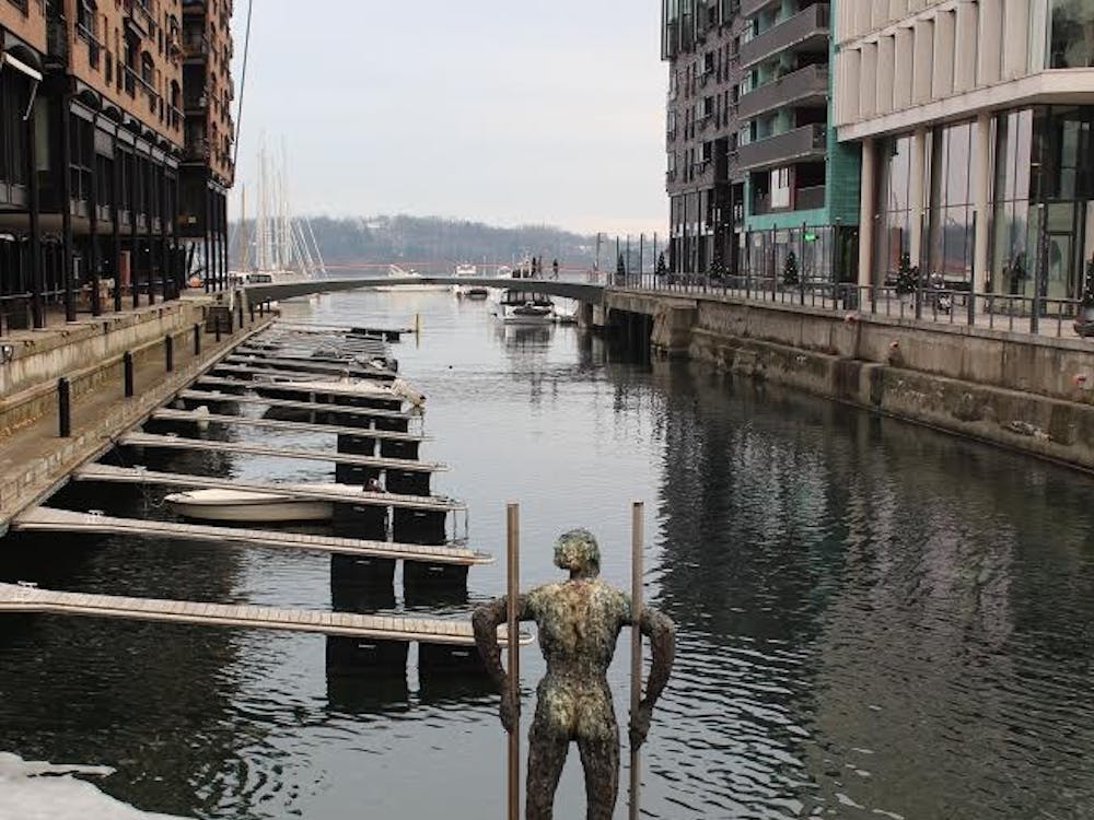 A&nbsp;sculpture in the water under a bridge leading to Thief Island, the art hub of Oslo, Norway. During her weekend trip to Norway,&nbsp;Rachel Rosenstock visited the&nbsp;Astrup Fearnley Museum of Modern Art on the island.