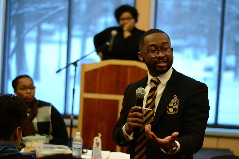 <p>Senior Calvin Sanders discusses diversity at the Martin Luther King Jr. Day Unity Summit Jan. 15, 2018. The next summit is Jan. 21.</p>