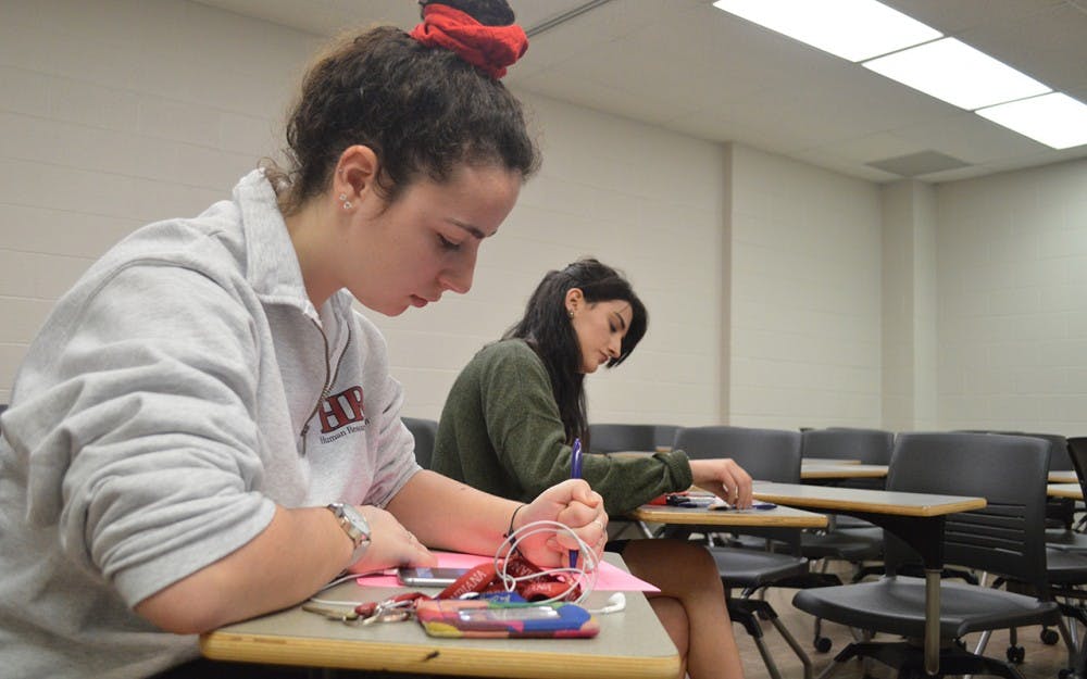 Freshman Corinne Levy and junior Erica Gibson made&nbsp;Valentine's Day cards and letters Tuesday evening in Ballantine Hall as part of a Feminist Student Association event. The FSA was host to a session Tuesday evening in Ballantine Hall that gave students a chance to make Valentine's Day cards and letters for state legislators that the Indiana Reproductive Justice Coalition will deliver to the legislators.