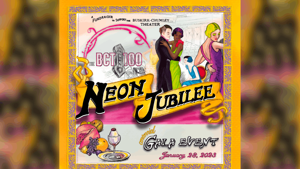 A promotional flyer appears for &quot;Neon Jubilee.&quot; ﻿Buskirk-Chumley Theater will host a Neon Jubilee Centennial Gala event at 7 p.m. Jan. 28, 2023, to celebrate its 100th birthday.