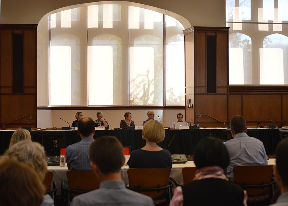 Audience members listen quietly at the beginning of the Bloomington Faculty Council Meeting. Bloomington staff and residents gathered in President's Hall for the Bloomington Faculty Council meeting on Tuesday afternoon.