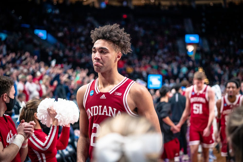 <p>Then-sophomore forward Trayce Jackson-Davis walks off the court following the end of the game March 17, 2022, at the Moda Center in Portland, Oregon.</p>