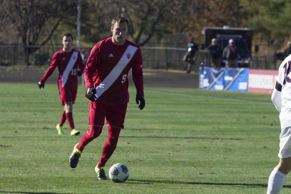 Forward Ben Maurey moves the ball up the field during the second half of the game against UConn on Sunday afternoon at Bill Armstrong Stadium. Maurey scored the Hoosiers' only goal in the 1-0 win.