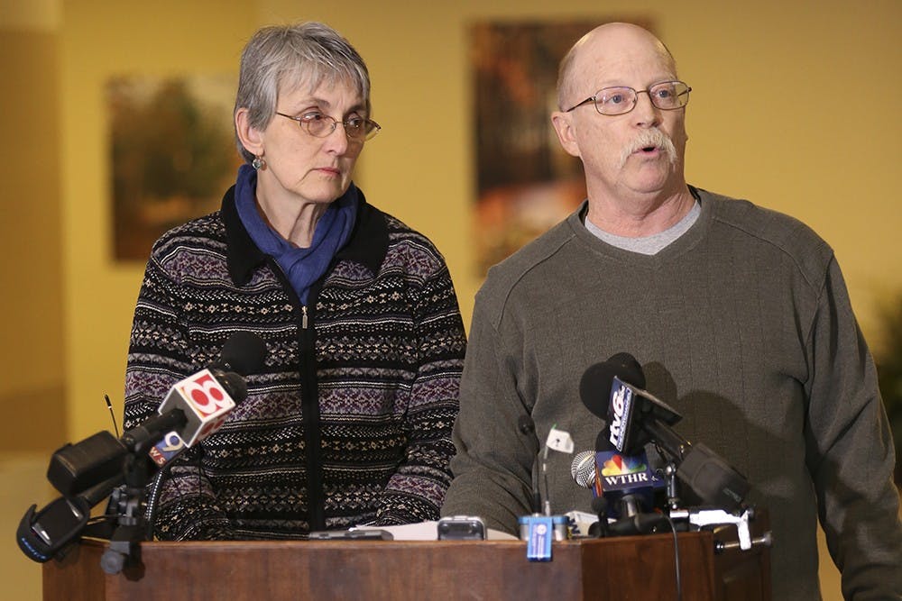 Paula and Ed Kassig, parents of Abdul-Rahman Kassig, who was recently beheaded by Islamic State militants, speak to media at Epworth United Methodist Church in Indianapolis Monday afternoon. 