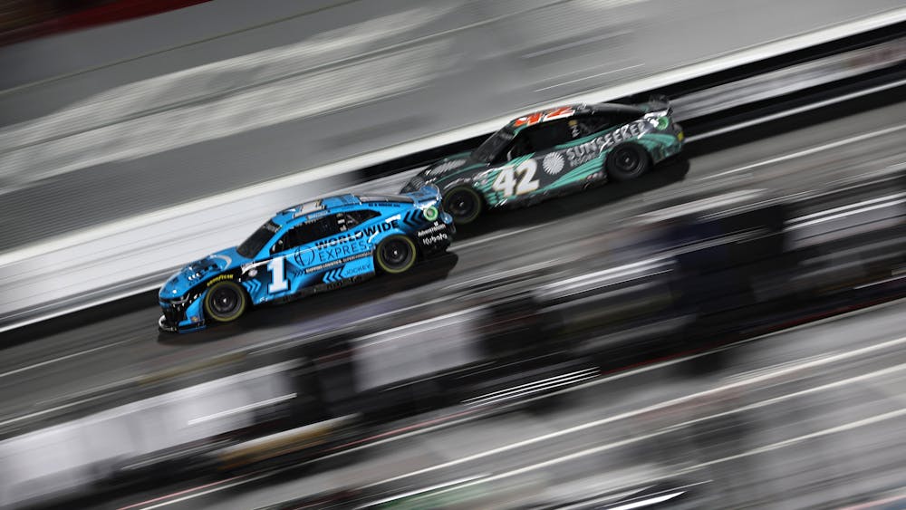 Ross Chastain (1) and Noah Gragson (42) compete during the NASCAR Clash at the Coliseum at Los Angeles Memorial Coliseum on Feb. 5, 2023, in Los Angeles. (James Gilbert/Getty Images/TNS)