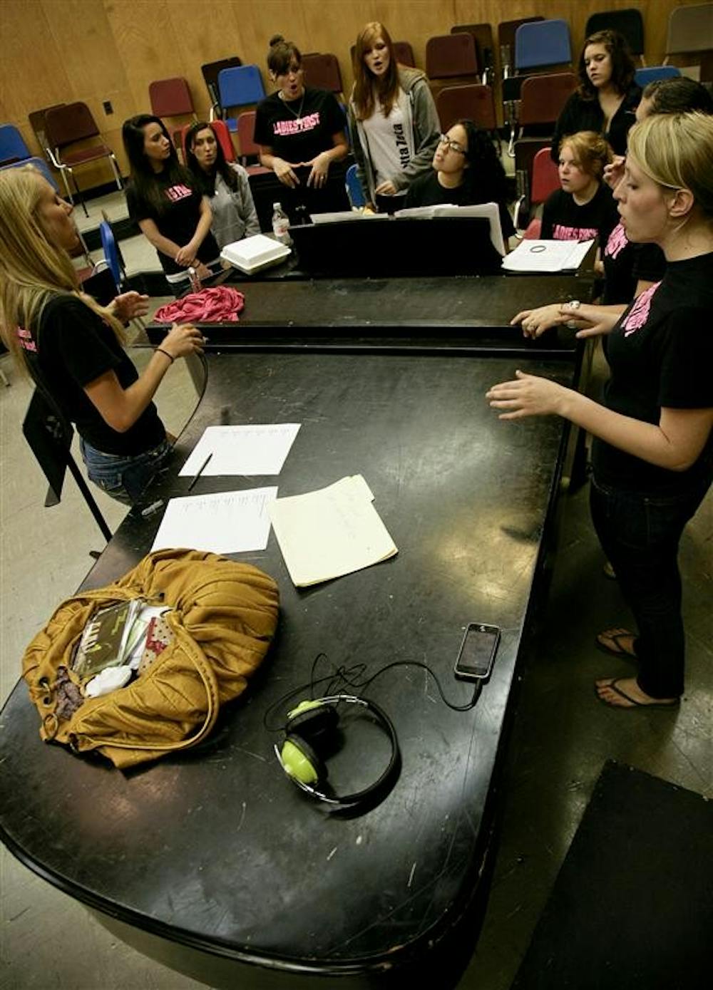 Ladies First rehearse Thursday evening in the Music Annex. Ladies First will be performing Saturday evening at the IU Auditorium as a benefit for Carlos Vidaurri, a local 8th grader who developed bone cancer.