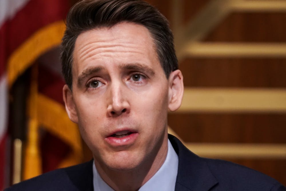 <p>U.S. Senator Josh Hawley asks questions during a Senate Homeland Security &amp; Governmental Affairs Committee hearing to discuss election security and the 2020 election process on Dec. 16, 2020, in Washington, D.C.&nbsp;</p>
