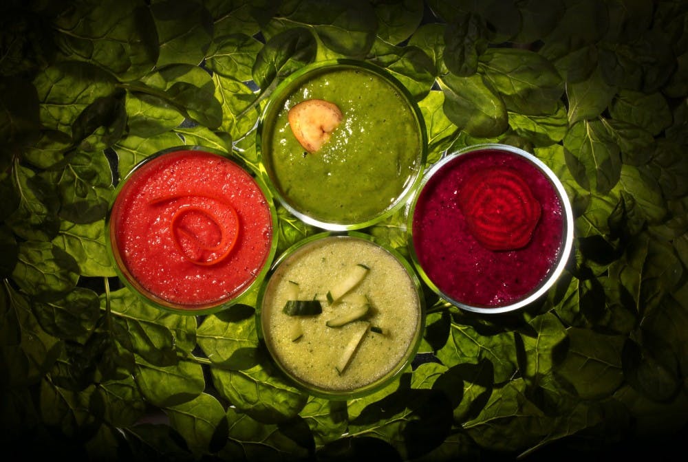 <p>Healthful smoothies (clockwise from left) are Icy Carrot Cooler, It's Easy Bein' Green, Mixed Berry and Beet, and Green 'n Lean.&nbsp;</p>