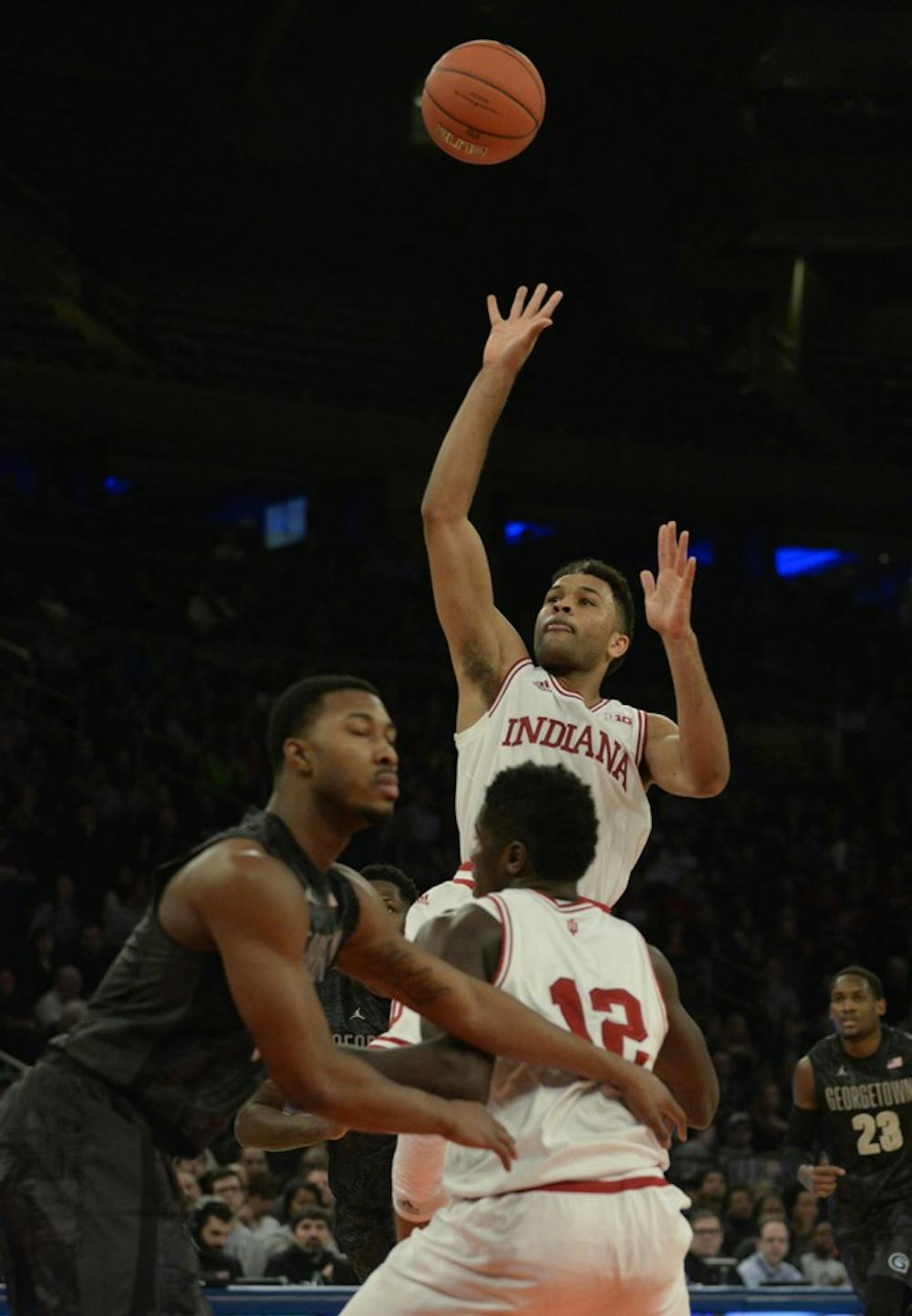 Freshman guard James Blackmon Jr. shoots the ball during IU's game against Georgetown on Saturday at Madison Square Garden in New York City. Blackmon Jr. scored 22 points in IU's 91-87 loss.