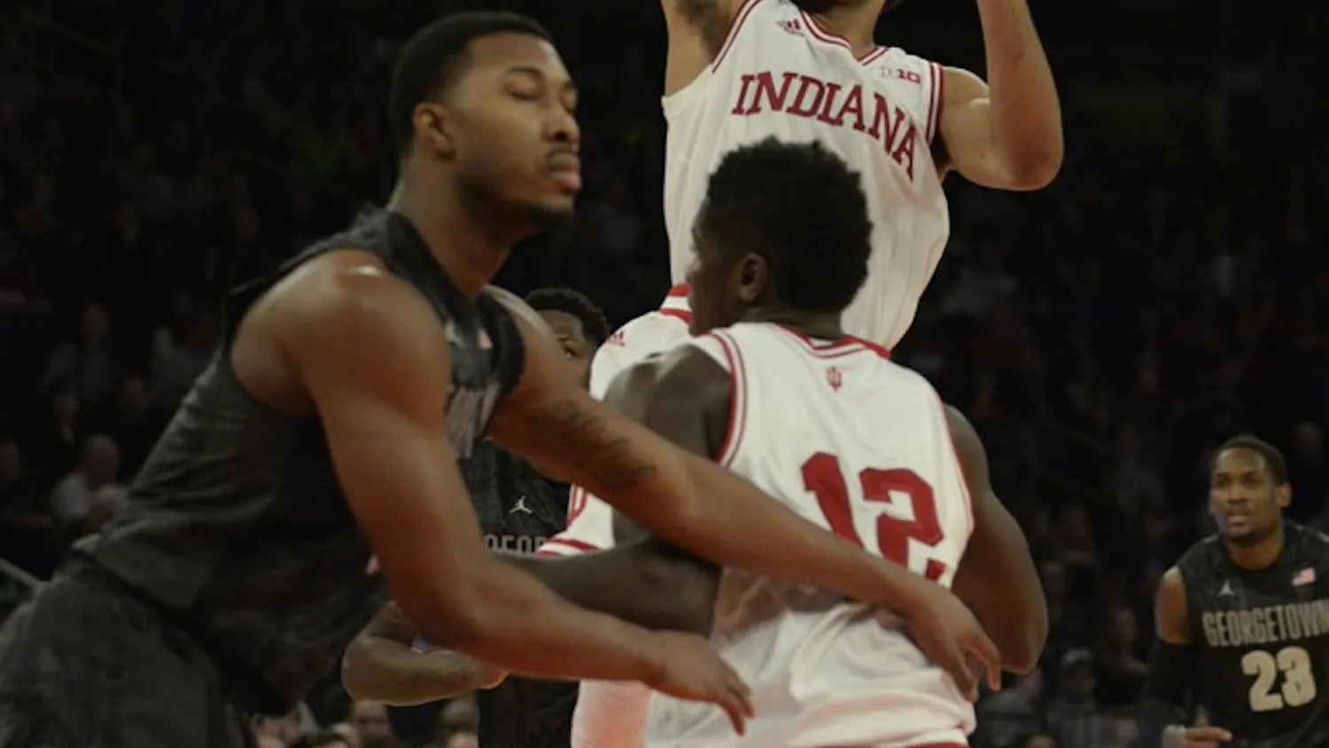 Freshman guard James Blackmon Jr. shoots the ball during IU's game against Georgetown on Saturday at Madison Square Garden in New York City. Blackmon Jr. scored 22 points in IU's 91-87 loss.