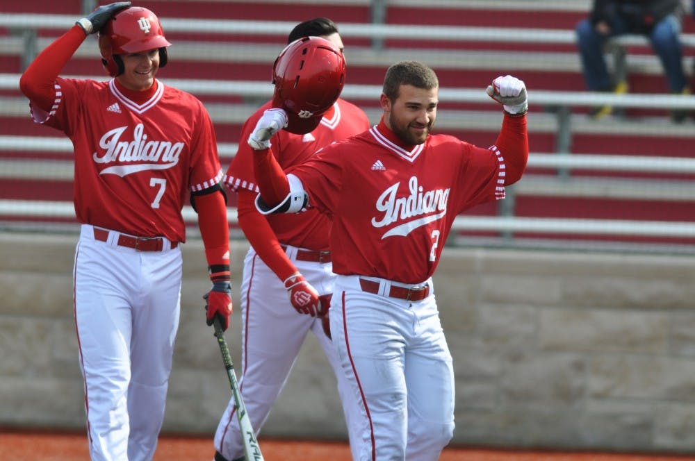 Senior Alex Krupa returns to the dugout after his first career home run on Saturday at Bart Kaufman Field. Krupa’s solo home run led off a 7-run third inning for the Hoosiers, who went on to beat Middle Tennessee 12-1.