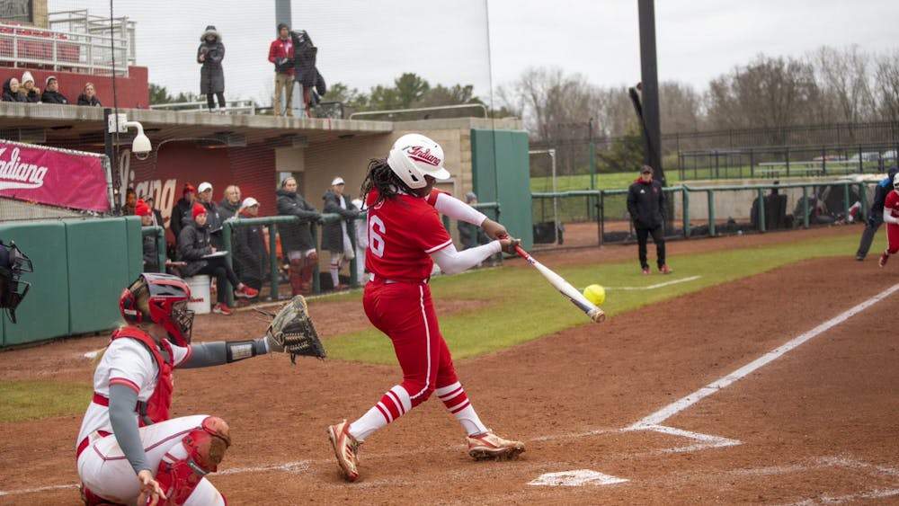 Sophomore Brianna Copeland makes contact with a pitch April 1, 2023, at Andy Mohr Field. Indiana softball faces Western Kentucky University Tuesday night.﻿