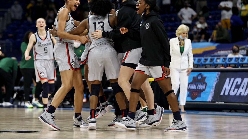 The University of Connecticut women&#x27;s basketball team celebrates  Monday after beating Baylor in San Antonio, Texas. The Huskies will advance to the Final Four and face the University of Arizona on Friday.  