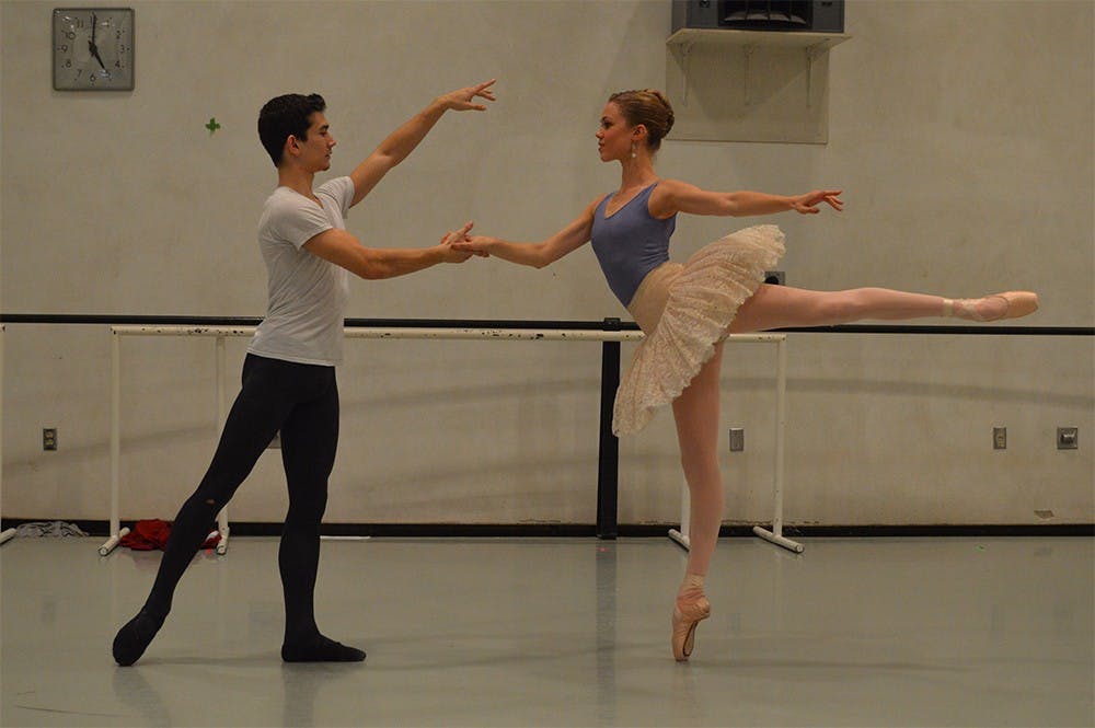 Cara Hansvick and her partner, Andrew Copeland, rehearse for IU Opera & Ballet Theater's "The Nutcracker" ballet. The opening performance of "The Nutcracker" will be at 7:30 p.m. Dec. 3 in the Musical Arts Center. 
