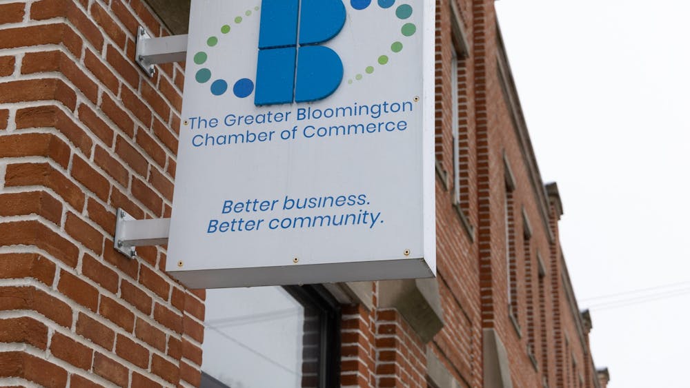 A sign is shown outside of the Greater Bloomington Chamber of Commerce in Bloomington. The Greater Bloomington Chamber of Commerce works to promote small businesses in the Bloomington area.