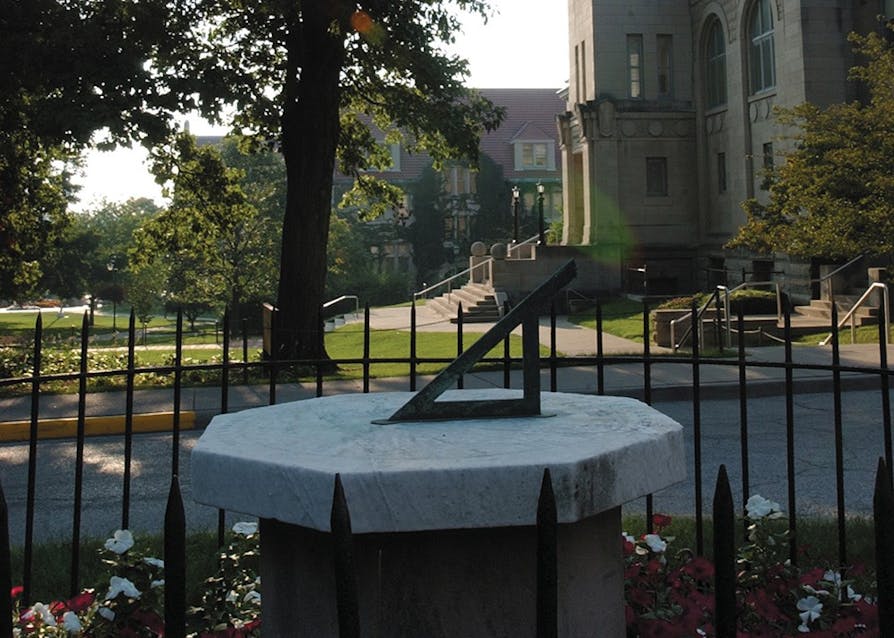 The sundial can be found beside Maxwell Hall. It was first displayed in 1868 and was moved to Dunn's Woods in 1896. &nbsp;&nbsp;&nbsp;&nbsp;&nbsp;&nbsp;&nbsp;&nbsp;&nbsp;&nbsp;&nbsp;&nbsp;&nbsp;&nbsp;&nbsp;&nbsp;&nbsp;&nbsp;&nbsp;&nbsp;&nbsp;&nbsp;&nbsp;&nbsp;&nbsp;&nbsp;&nbsp;&nbsp;&nbsp;