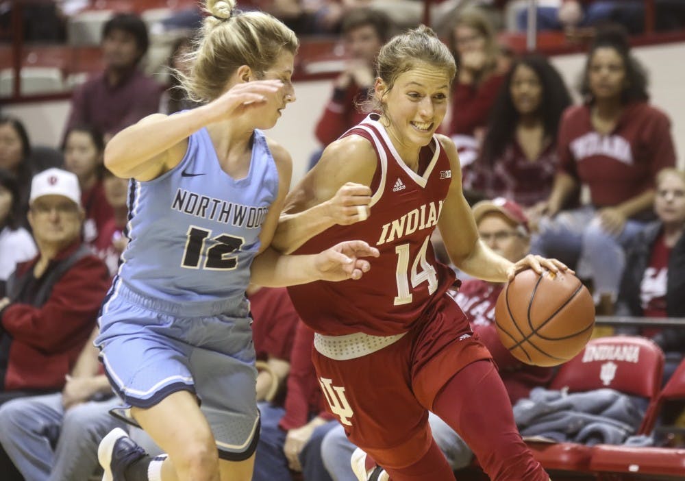 <p>Junior Ali Patberg drives the lane on a Northwood player Nov. 2 during IU's exhibition game in Simon Skjodt Assembly Hall. Patberg will take over point guard duties from Tyra Buss, who graduated as IU’s all-time leading scorer.&nbsp;</p>