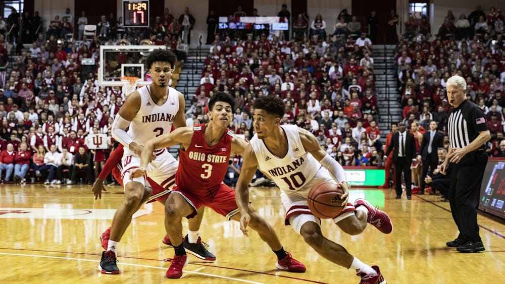Then-sophomore guard Rob Phinisee drives the ball in the second half against Ohio State on Jan. 11, 2020, in Simon Skjodt Assembly Hall. NIL deals with Phinisee through Opendorse start at $5.