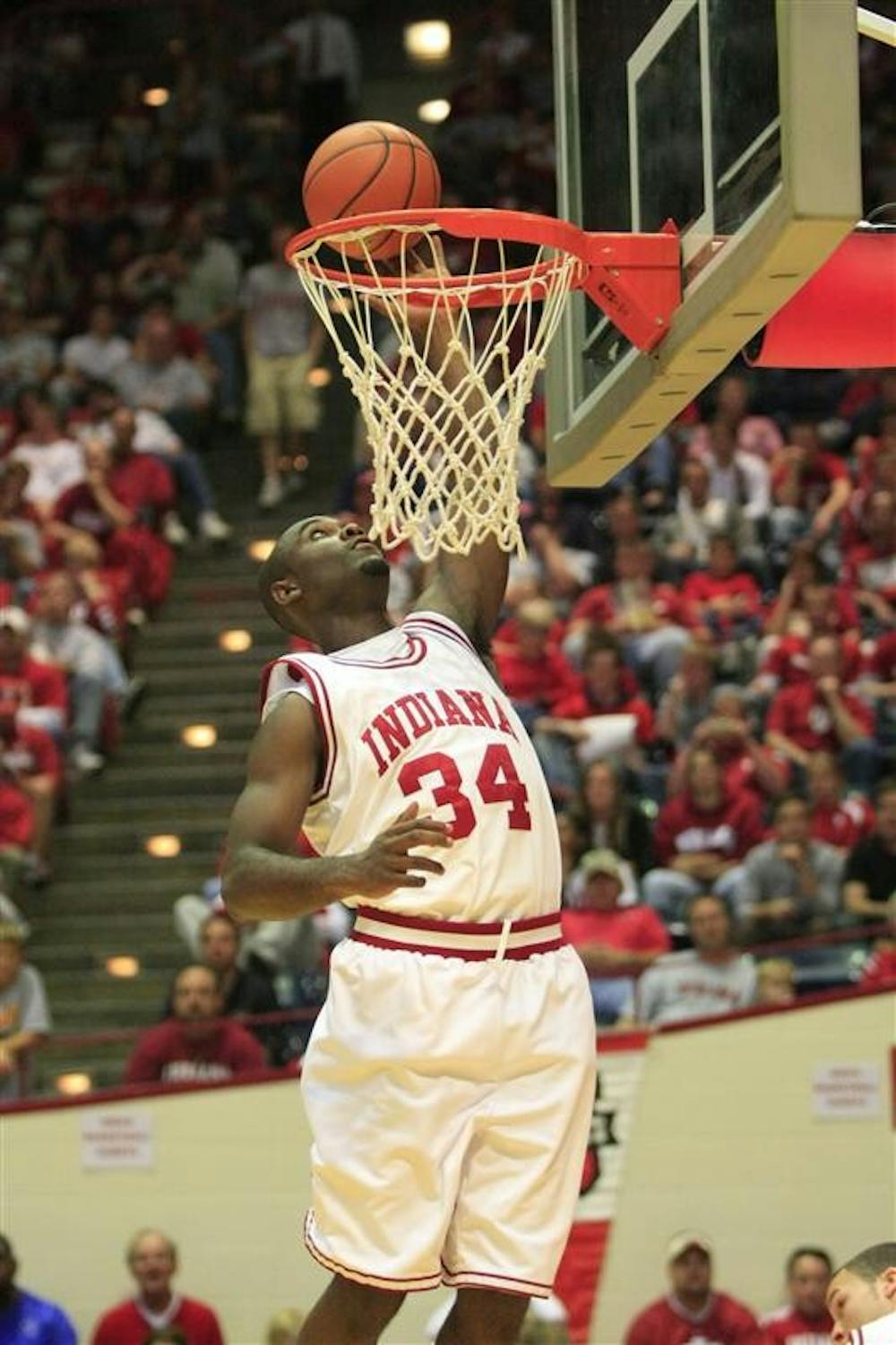 Freshman Forward Malik Story dunks the ball during Hoosier Hysteria on Friday, Oct. 17, at Assembly Hall.
