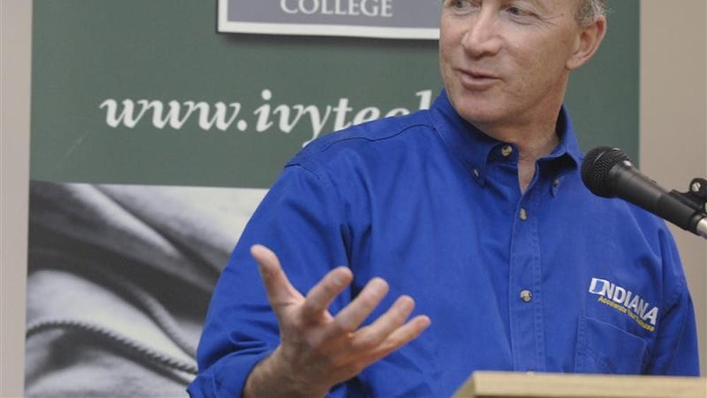 Indiana Gov. Mitch Daniels speaks during a news conference Thursday afternoon at the Elkhart campus of Ivy Tech. Daniels was in Elkhart to highlight new companies that have come to the county.  