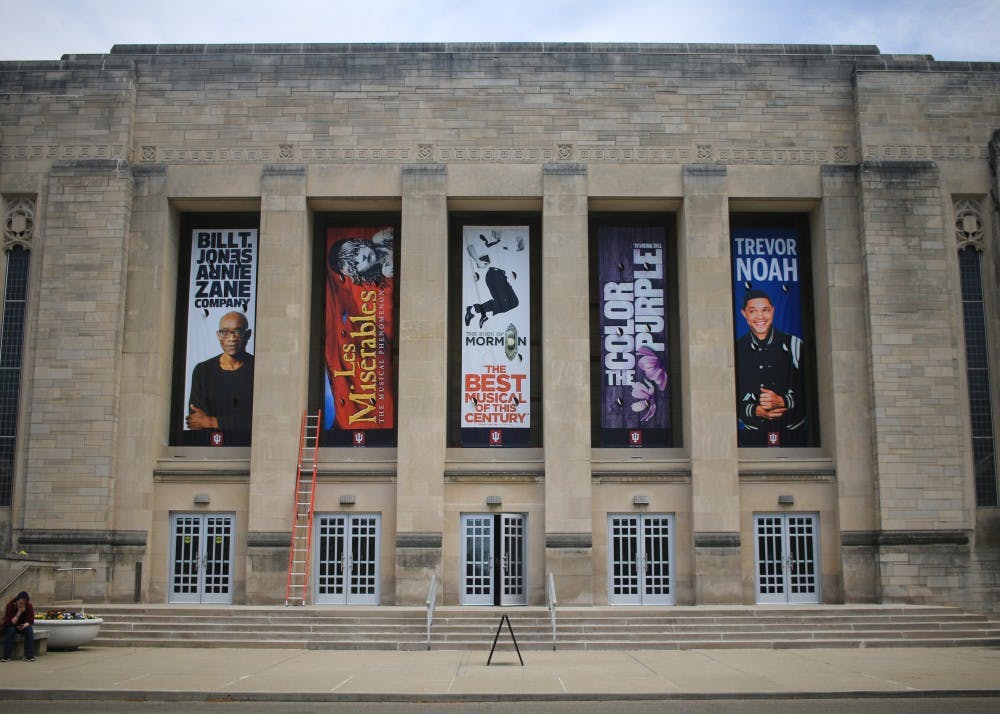 <p>Banners that advertise the upcoming season are displayed April 22 at the IU Auditorium. Shows for the upcoming fall semester include performances from comedian Trevor Noah, the award-winning musical “The Book of Mormon” and  “STOMP.” </p>