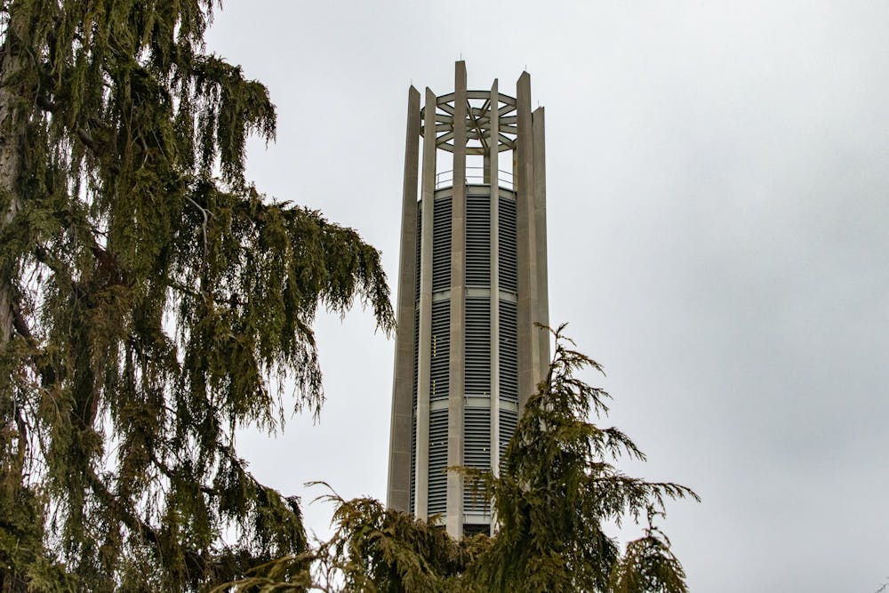 <p>IU’s Metz Carillon Bell Tower stands Jan. 14 near 10th Street. The bell tower will ring for the first time at 11:45 a.m. Jan. 20 in the IU Arboretum.</p>