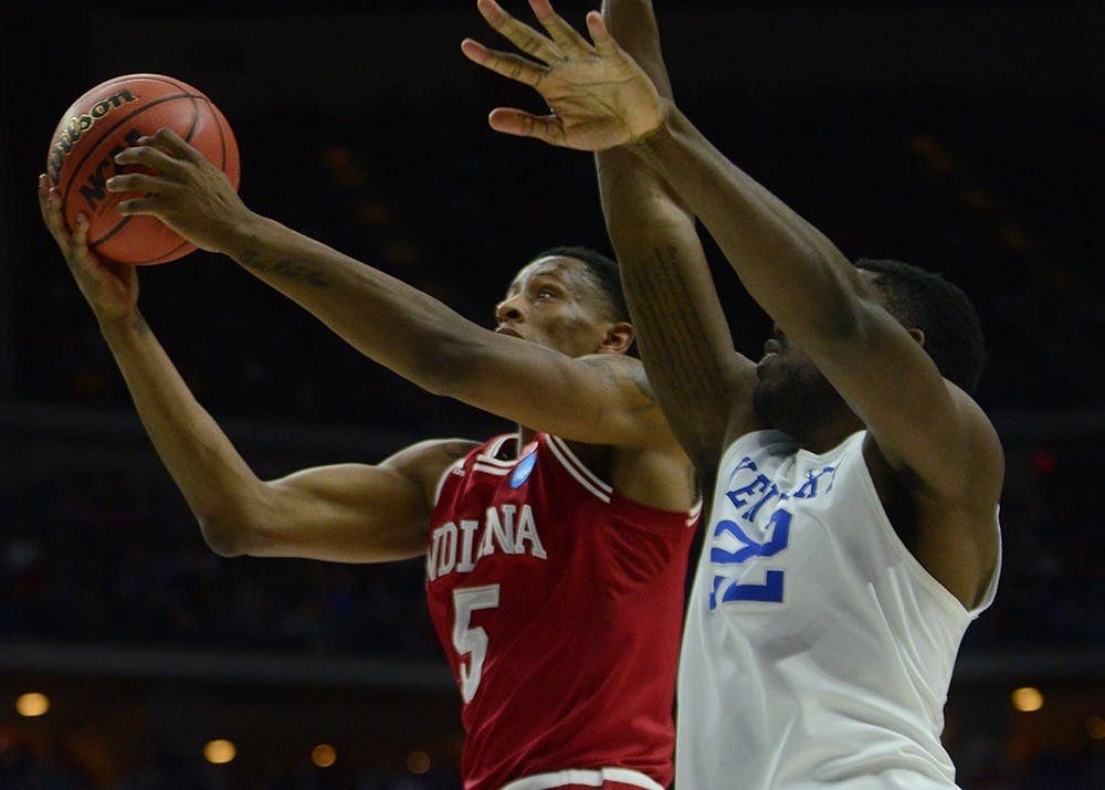during the NCAA second round game against Kentucky on Saturday at the Wells Fargo Arena in Des Moines, Iowa. The Hoosiers won 73-67.