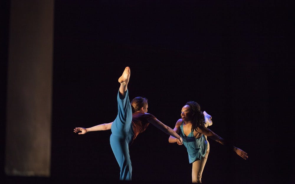 Contemporary dance students practice during rehersal for "Roots to Wings" winter dance concert. The event took inspiration from the choreography of the Gallim Dance group, which led workshops in the fall.