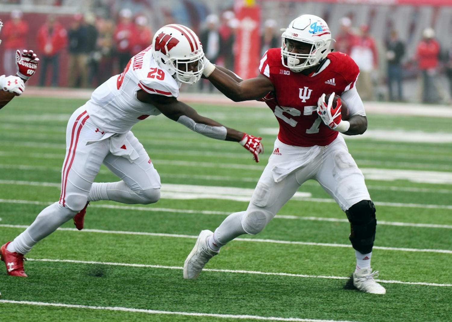 Then-freshman running back Morgan Ellison avoids being tackled during the first half against Wisconsin on Nov. 4, 2017, at Memorial Stadium. Ellison released a statement on Twitter stating that he was falsely accused of sexual assault.&nbsp;