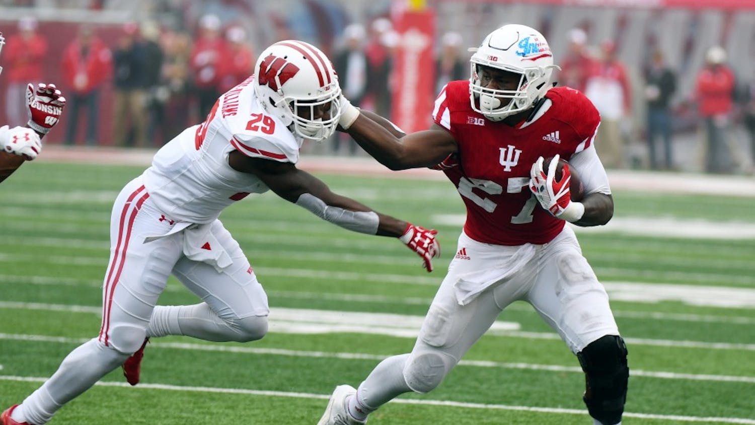 Then-freshman running back Morgan Ellison avoids being tackled during the first half against Wisconsin on Nov. 4, 2017, at Memorial Stadium. Ellison released a statement on Twitter stating that he was falsely accused of sexual assault.&nbsp;