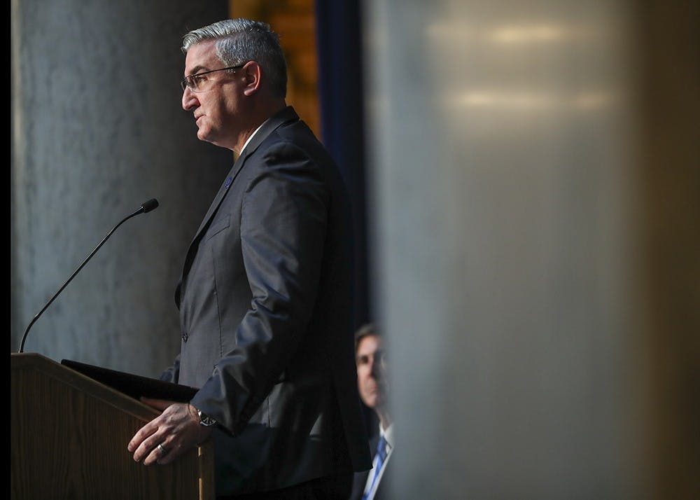 <p>Gov. Eric Holcomb speaks at a press conference at the Indiana State House in Indianapolis on Oct. 10, 2017. Holcomb delivered his 2021 State of the State address Tuesday.</p>