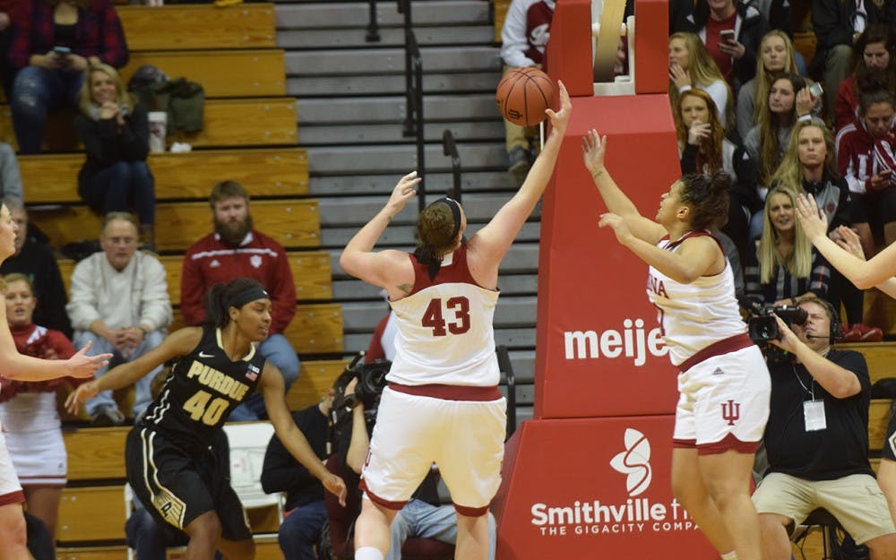 Senior forward Jenn Anderson collects a rebound in the first half of IU's&nbsp;win over Purdue in January. Anderson will look to repeat her strong performance she posted against Northwestern earlier this season when the Hoosiers welcome the Wildcats to Bloomington on Saturday.