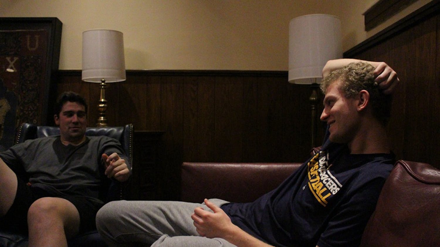 Left, Interfraternity Council Vice President of Standards, Jack Polte talks with IFC Vice President of Recruitment Adam Weber, right. The two members discuss the success of IFC's "No Shave November" initiative that raised $10,500 this past fall.