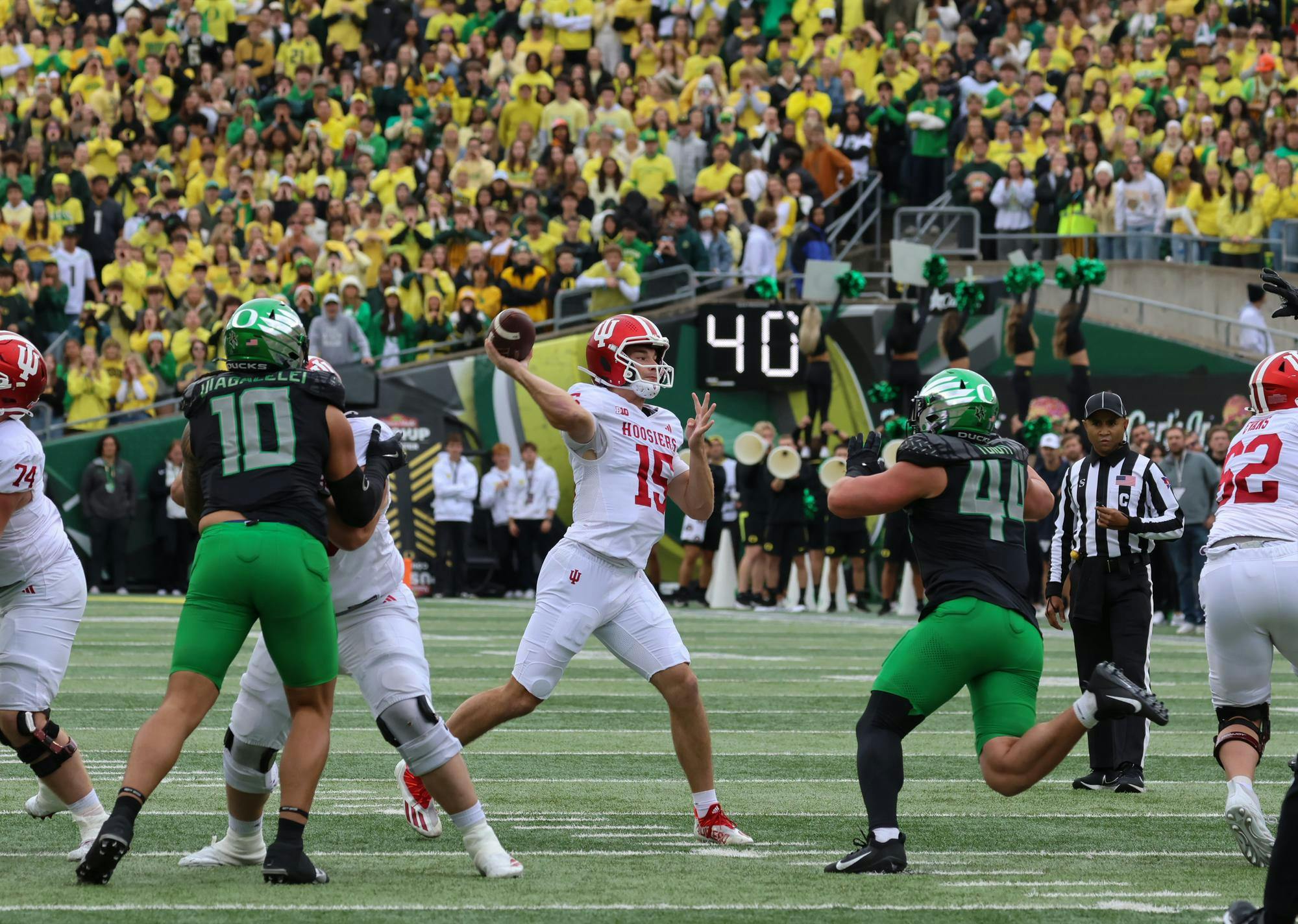 Indiana redshirt junior quarterback Fernando Mendoza throws the ball against Oregon at Autzen Stadium on Oct. 11. The Hoosiers defeated the Ducks 30-20. 