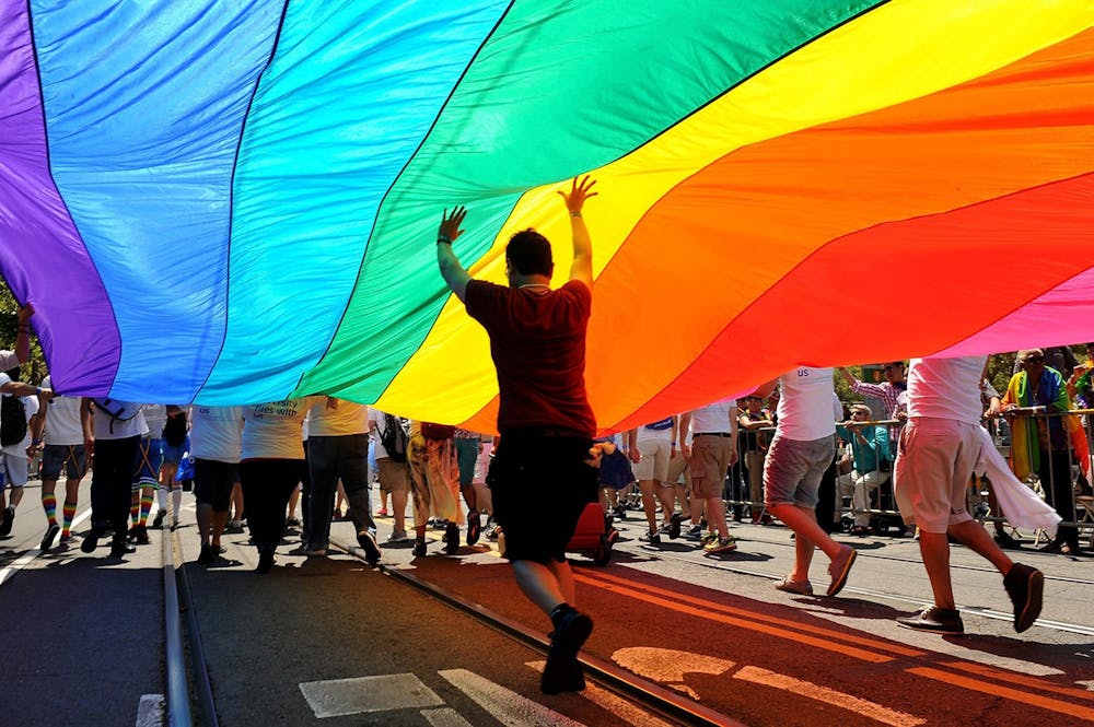 Parade participants march carrying a rainbow flag during the annual pride parade June 30, 2013, in San Francisco. 