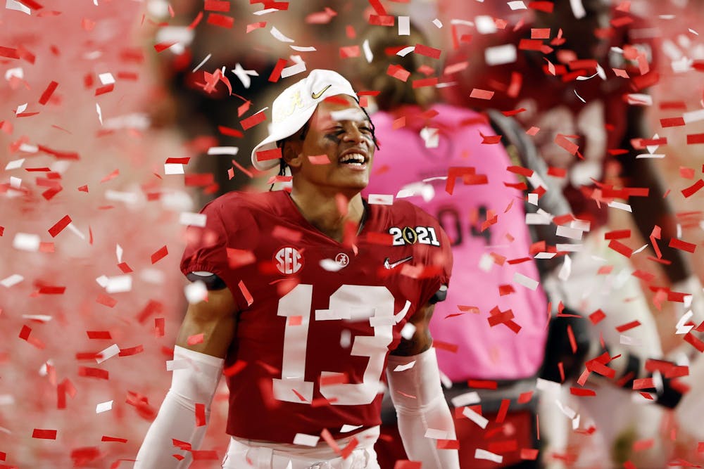 <p>University of Alabama then-freshman defensive back Malachi Moore celebrates following the College Football Playoff National Championship game win over the Ohio State on Jan. 11, 2021, at Hard Rock Stadium in Miami Gardens, Florida.</p>