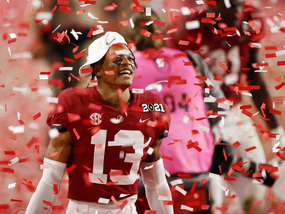 University of Alabama then-freshman defensive back Malachi Moore celebrates following the College Football Playoff National Championship game win over the Ohio State on Jan. 11, 2021, at Hard Rock Stadium in Miami Gardens, Florida.