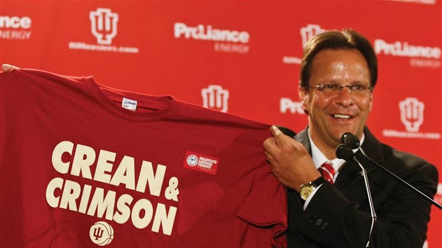 New IU head coach Tom Crean holds a T-shirt that says "Crean & Crimson" during a press conference on April 2, 2008 in the Hoosier Room at Memorial Stadium. Crean was hired after a two week search.