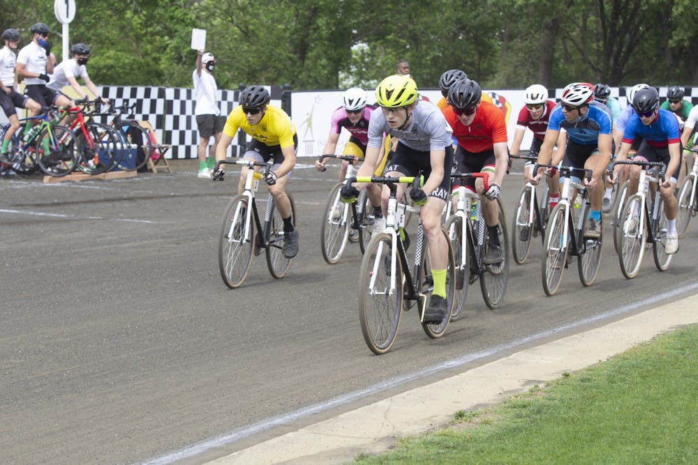 <p>Riders race on the track during the Men&#x27;s Little 500 race May 27, 2021, at Bill Armstrong Stadium. The Indiana University Dance Marathon cycling team will make its debut at the men&#x27;s Little 500 on Saturday.</p>