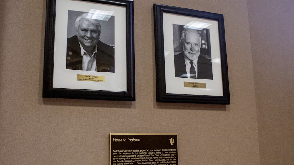 A historical marker is displayed Nov. 20 in the Maurer School of Law Library. The marker was put up to commemorate a supreme court case from 1973 involving an IU student. 